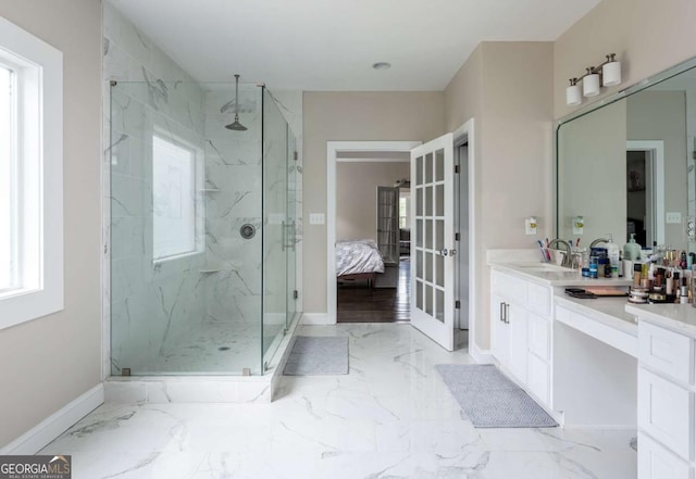 1270 Mccannon Morris Rd, Hull, GA 30646 - full bathroom with french doors, a marble finish shower, vanity, and ensuite bath