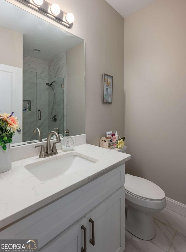 1270 Mccannon Morris Rd, Hull, GA 30646 - bathroom with vanity, a shower stall, marble look tile flooring, and toilet