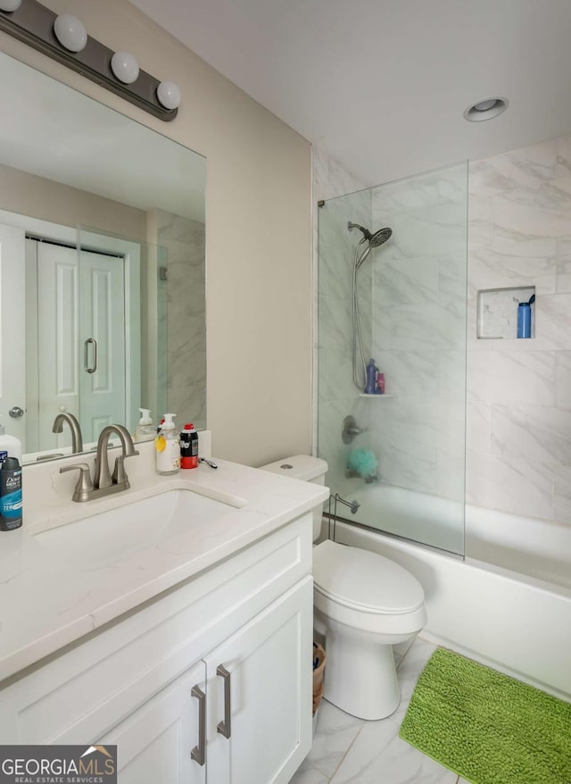 1270 Mccannon Morris Rd, Hull, GA 30646 - bathroom with vanity, marble finish floors, combined bath / shower with glass door, and toilet