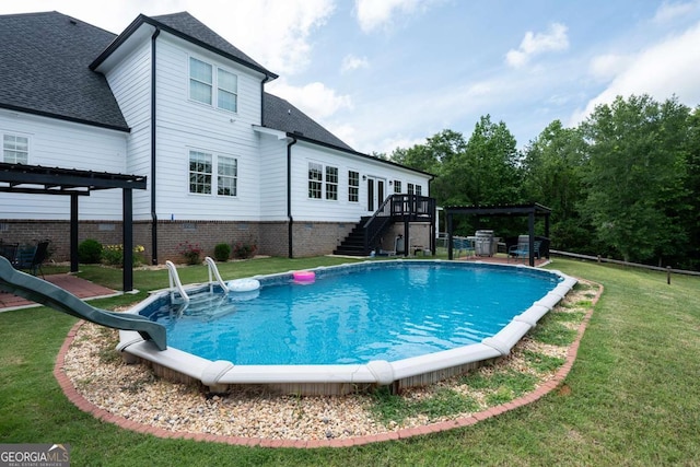 1270 Mccannon Morris Rd, Hull, GA 30646 - outdoor pool featuring a pergola, stairway, a lawn, and a wooden deck