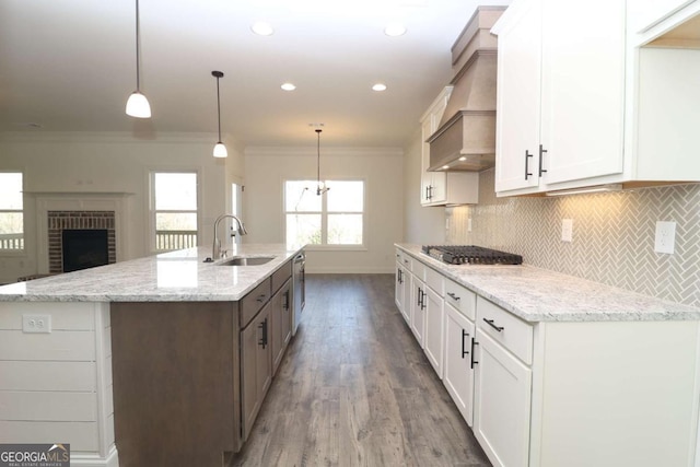 599 Calgary Downs Dr, Winder, GA 30680 - kitchen featuring ornamental molding, appliances with stainless steel finishes, tasteful backsplash, custom range hood, and white cabinets