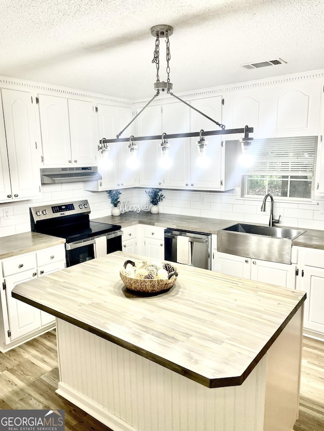 305 Lancelot Ln, Dublin, GA 31021 - kitchen featuring stainless steel appliances, butcher block countertops, under cabinet range hood, a sink, and light wood finished floors