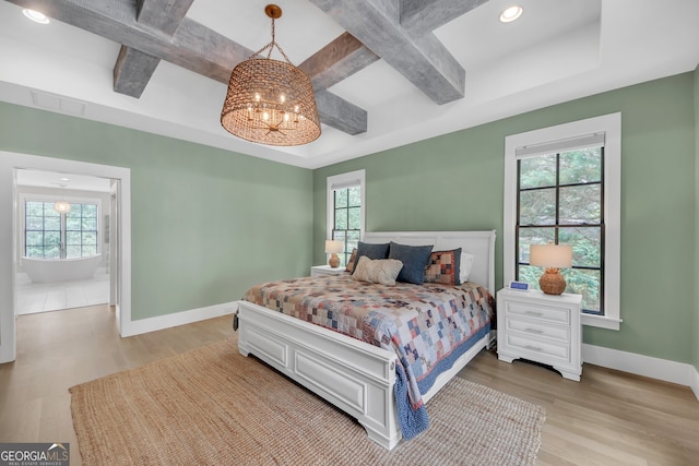 2756 Octavia Ln, Marietta, GA 30062 - bedroom featuring a chandelier, coffered ceiling, multiple windows, light wood-type flooring, and recessed lighting