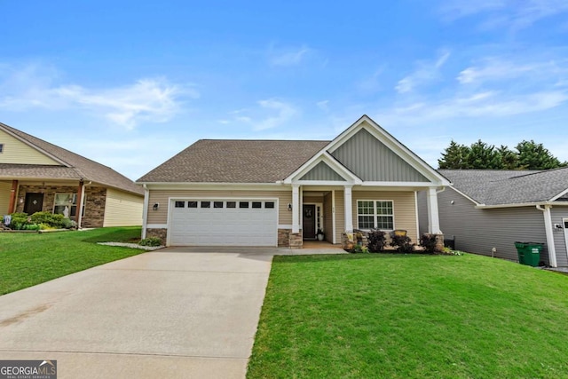 419 Highland Pointe Dr, Alto, GA 30510 - craftsman-style house featuring board and batten siding, a garage, driveway, a front yard, and stone siding