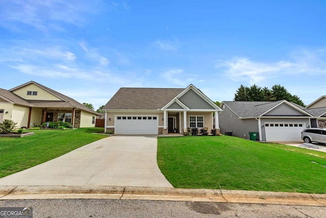 419 Highland Pointe Dr, Alto, GA 30510 - craftsman-style house featuring an attached garage, a front lawn, concrete driveway, board and batten siding, and stone siding