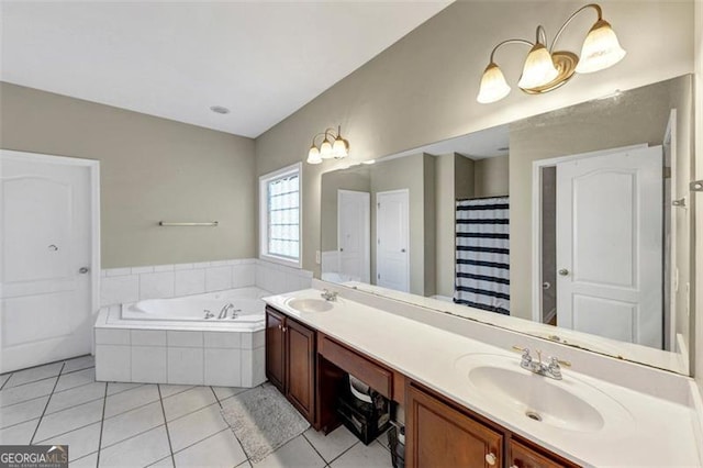 4375 Split Creek Dr, Douglasville, GA 30135 - full bath with tile patterned floors, double vanity, a garden tub, and curtained shower