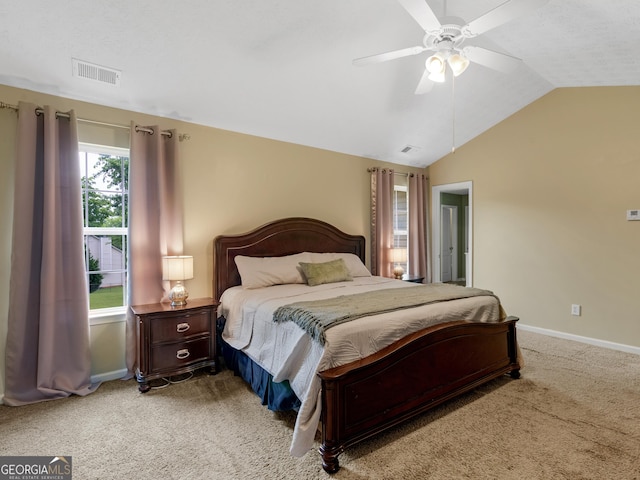 300 Furrow Creek Ct, Jackson, GA 30233 - bedroom with light colored carpet, baseboards, lofted ceiling, and a ceiling fan