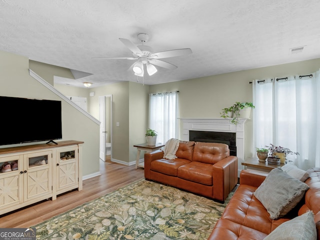 300 Furrow Creek Ct, Jackson, GA 30233 - living area with light wood finished floors, a fireplace, ceiling fan, baseboards, and a textured ceiling