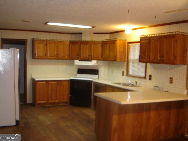 6177 County Road 266, Five Points, AL 36855 - kitchen featuring electric range, freestanding refrigerator, brown cabinets, extractor fan, and a textured ceiling