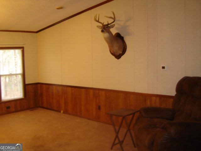 6177 County Road 266, Five Points, AL 36855 - living area featuring wooden walls, ornamental molding, lofted ceiling, carpet, and wainscoting