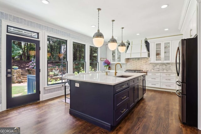 4085 Hillcrest View Ct, Suwanee, GA 30024 - kitchen featuring freestanding refrigerator, custom exhaust hood, white cabinets, light countertops, and recessed lighting