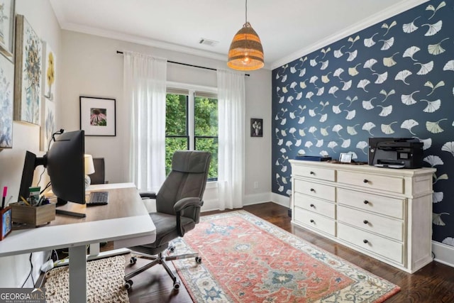4085 Hillcrest View Ct, Suwanee, GA 30024 - office with baseboards, crown molding, and dark wood-type flooring