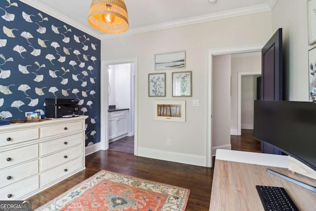 4085 Hillcrest View Ct, Suwanee, GA 30024 - bedroom with baseboards, crown molding, dark wood-style floors, connected bathroom, and an office area