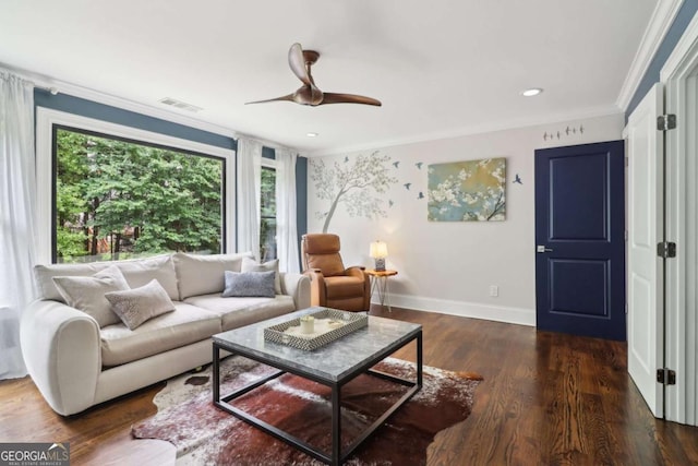 4085 Hillcrest View Ct, Suwanee, GA 30024 - living room featuring baseboards, crown molding, wood finished floors, a ceiling fan, and recessed lighting