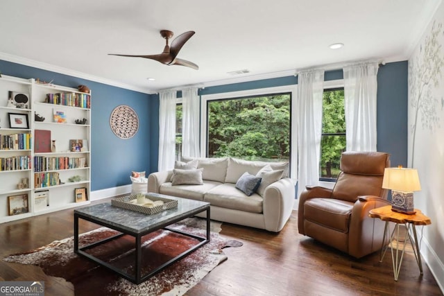 4085 Hillcrest View Ct, Suwanee, GA 30024 - living area featuring ornamental molding, wood finished floors, ceiling fan, and baseboards