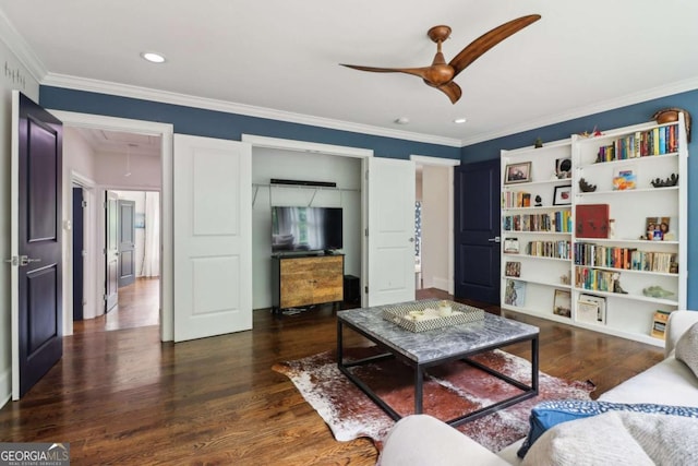 4085 Hillcrest View Ct, Suwanee, GA 30024 - living room featuring attic access, wood finished floors, a ceiling fan, crown molding, and recessed lighting
