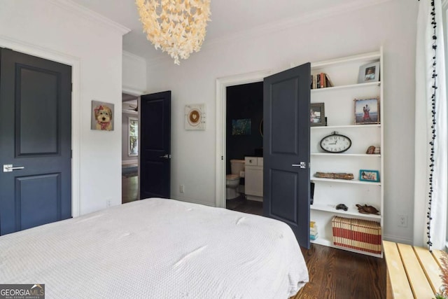 4085 Hillcrest View Ct, Suwanee, GA 30024 - bedroom featuring ornamental molding, a chandelier, dark wood-style floors, and connected bathroom