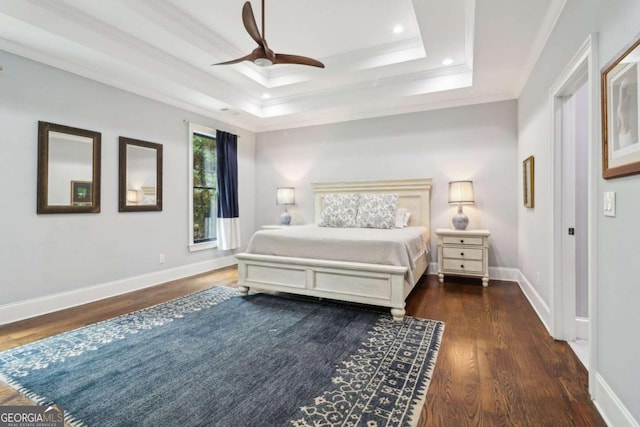 4085 Hillcrest View Ct, Suwanee, GA 30024 - bedroom featuring wood finished floors, crown molding, a tray ceiling, recessed lighting, and ceiling fan