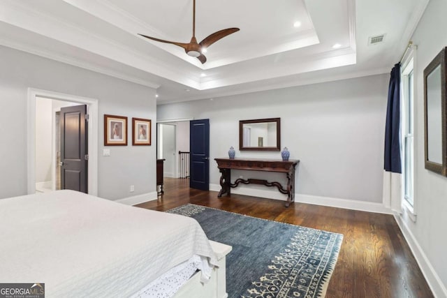4085 Hillcrest View Ct, Suwanee, GA 30024 - bedroom featuring wood finished floors, a raised ceiling, recessed lighting, ornamental molding, and a ceiling fan