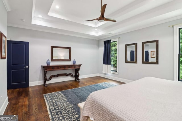 4085 Hillcrest View Ct, Suwanee, GA 30024 - bedroom with wood finished floors, ornamental molding, recessed lighting, a tray ceiling, and a ceiling fan