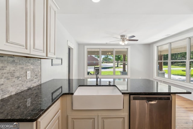 1382 6th Ave, Auburn, GA 30011 - kitchen with stainless steel dishwasher, plenty of natural light, ceiling fan, and decorative backsplash
