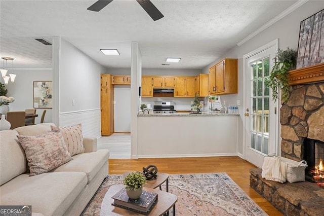 835 Navajo, Covington, GA 30016 - living room with light wood finished floors, a textured ceiling, a ceiling fan, and crown molding