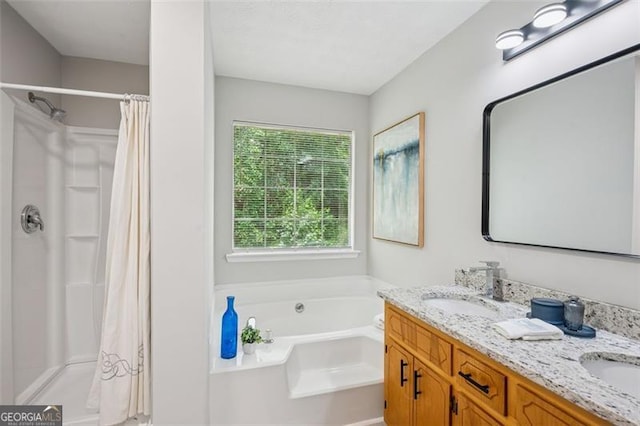 835 Navajo, Covington, GA 30016 - bathroom featuring a garden tub, double vanity, and curtained shower