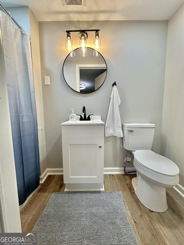 2165 S River Rd, Franklin, GA 30217 - bathroom featuring wood finished floors, toilet, vanity, baseboards, and a shower with shower curtain