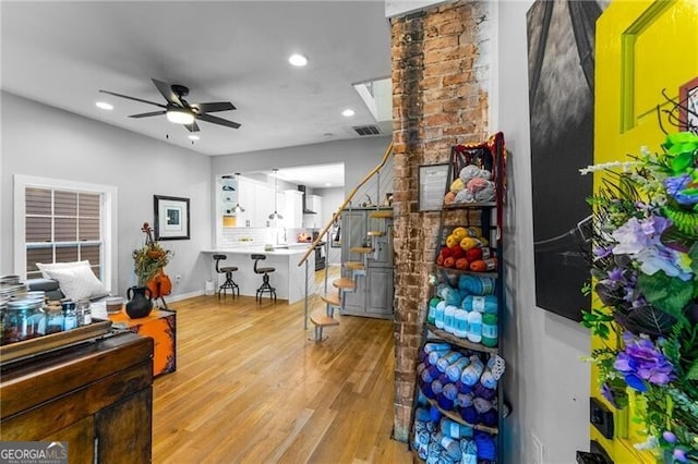 611 Pickett St SE, Atlanta, GA 30316 - interior space with a ceiling fan, light wood-style floors, stairway, and recessed lighting