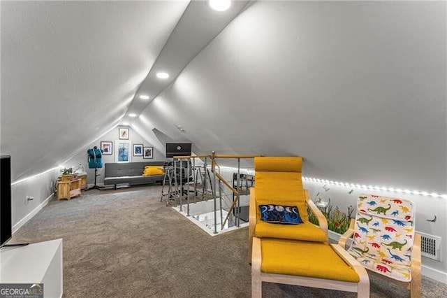611 Pickett St SE, Atlanta, GA 30316 - recreation room featuring carpet flooring, lofted ceiling, and recessed lighting