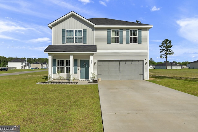 247 Morgan Field Blvd, Ludowici, GA 31316 - traditional-style house featuring a garage, a front lawn, concrete driveway, and roof with shingles