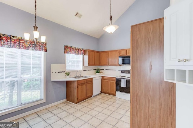 3585 Berkeley Park Ct, Duluth, GA 30096 - kitchen with white appliances, tasteful backsplash, a sink, light countertops, and high vaulted ceiling