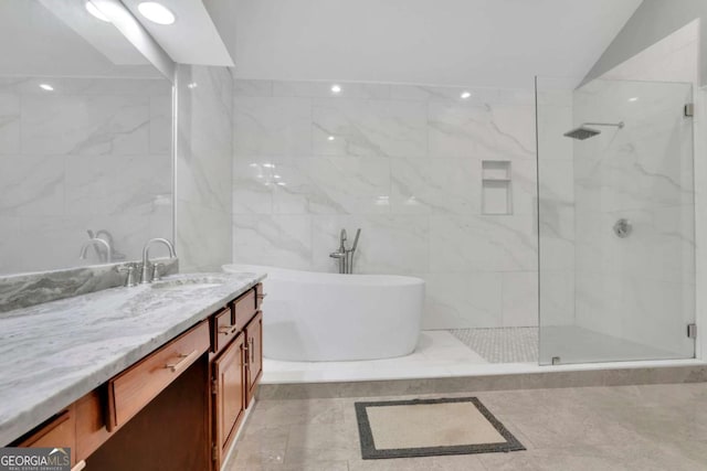 1925 Stonewyck Ct, Cumming, GA 30041 - full bathroom with a soaking tub, a walk in shower, and vanity