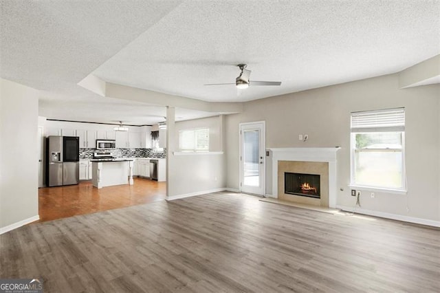 3385 Amhurst Pkwy, South Fulton, GA 30349 - unfurnished living room featuring a ceiling fan, a textured ceiling, light wood-type flooring, and healthy amount of natural light