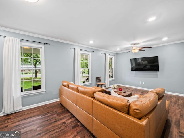 1488 Vine St NE, Gainesville, GA 30501 - living area with healthy amount of natural light, ornamental molding, recessed lighting, baseboards, and dark wood-style floors