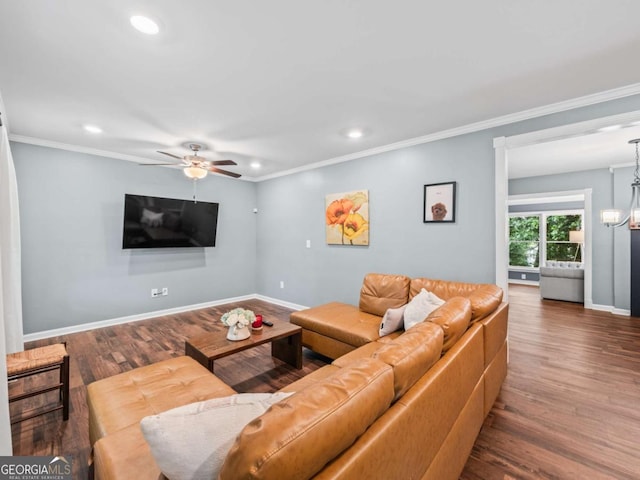1488 Vine St NE, Gainesville, GA 30501 - living area featuring recessed lighting, wood finished floors, baseboards, crown molding, and ceiling fan