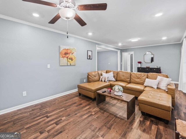 1488 Vine St NE, Gainesville, GA 30501 - living area with crown molding, recessed lighting, wood finished floors, baseboards, and ceiling fan