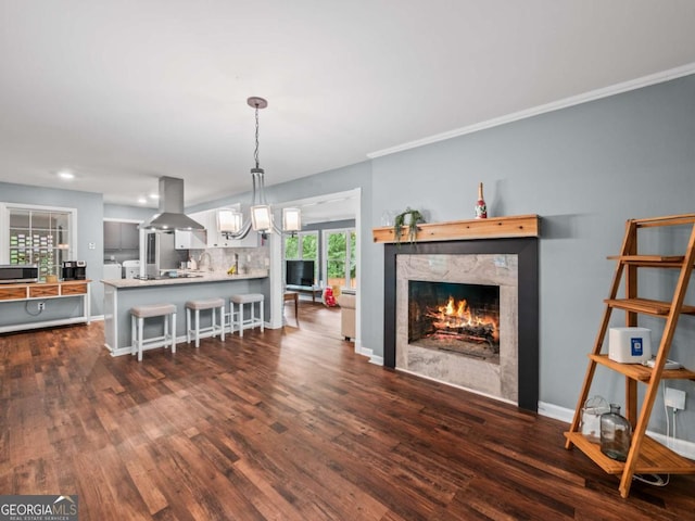 1488 Vine St NE, Gainesville, GA 30501 - living room with a premium fireplace, dark wood-style floors, baseboards, recessed lighting, and a chandelier
