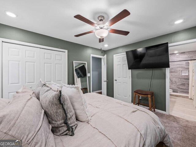 1488 Vine St NE, Gainesville, GA 30501 - bedroom featuring carpet flooring, recessed lighting, ensuite bathroom, and a ceiling fan
