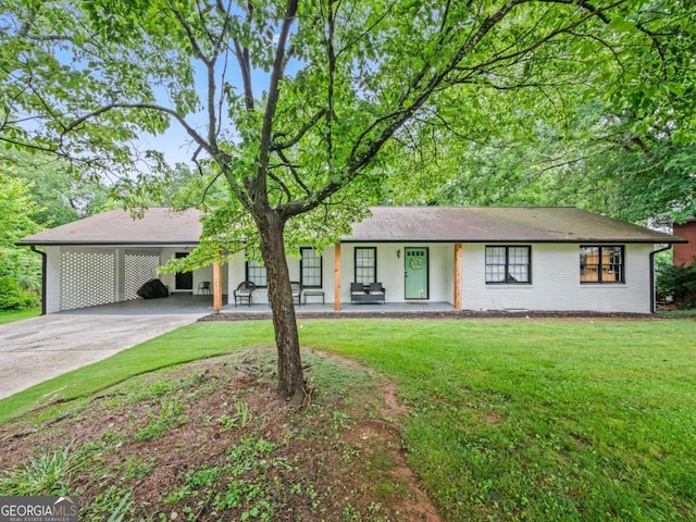 1488 Vine St NE, Gainesville, GA 30501 - ranch-style house featuring concrete driveway, a front lawn, a porch, and brick siding