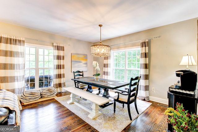 86 Waters Dr, Wedowee, AL 36278 - dining space featuring healthy amount of natural light, dark wood-type flooring, and a chandelier