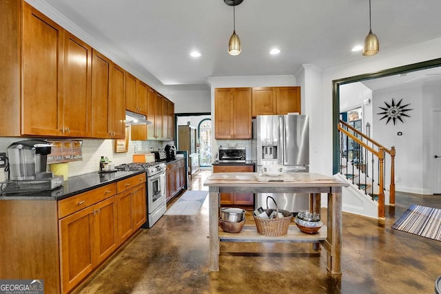 2295 Hemrick Rd, Cumming, GA 30041 - kitchen with appliances with stainless steel finishes, finished concrete flooring, open shelves, tasteful backsplash, and under cabinet range hood