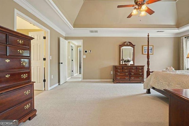 1206 Mountainside Trce NW, Kennesaw, GA 30152 - bedroom with light carpet, a raised ceiling, crown molding, baseboards, and a ceiling fan