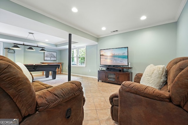 1206 Mountainside Trce NW, Kennesaw, GA 30152 - living room featuring pool table, ornamental molding, baseboards, light tile patterned floors, and recessed lighting