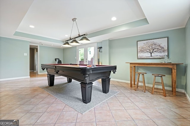 1206 Mountainside Trce NW, Kennesaw, GA 30152 - recreation room featuring a tray ceiling, ornamental molding, light tile patterned floors, billiards, and baseboards