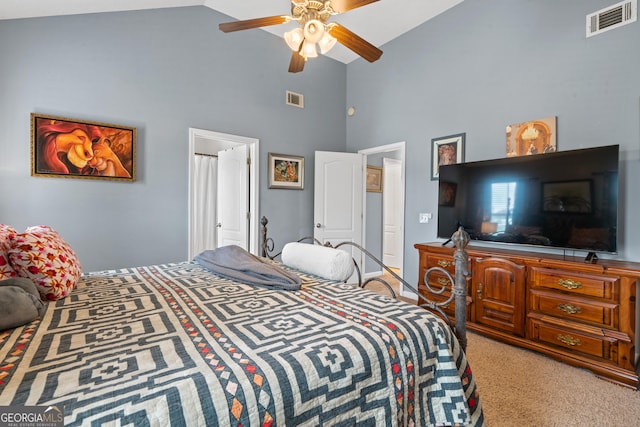 106 Thornton Dr, Bonaire, GA 31005 - carpeted bedroom with high vaulted ceiling and ceiling fan