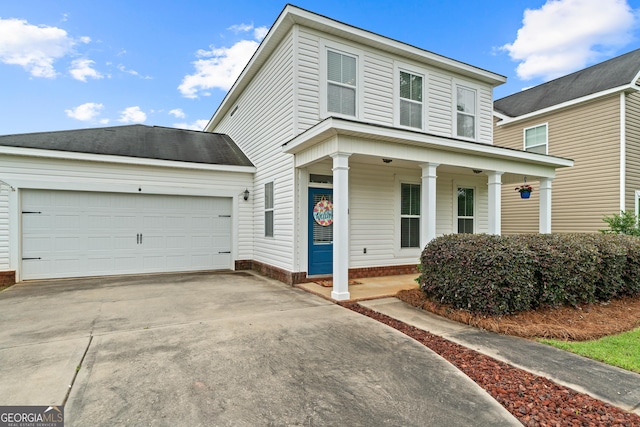 106 Thornton Dr, Bonaire, GA 31005 - view of front of house featuring a porch, concrete driveway, and a garage