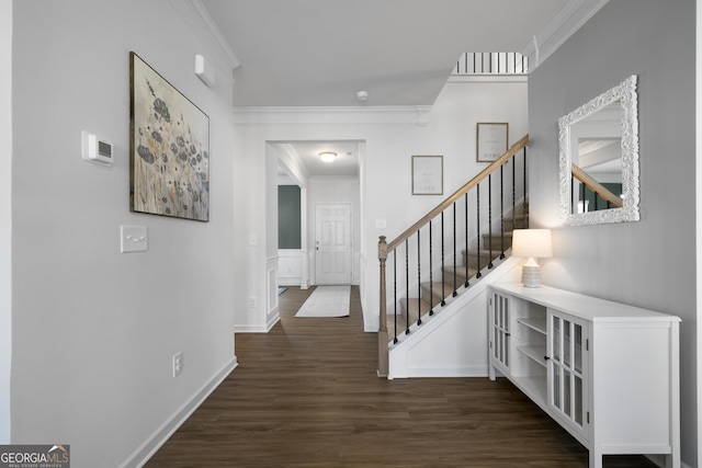 22 Mossy Oaks Ln NE, Rome, GA 30165 - entrance foyer with ornamental molding, stairs, and dark wood finished floors