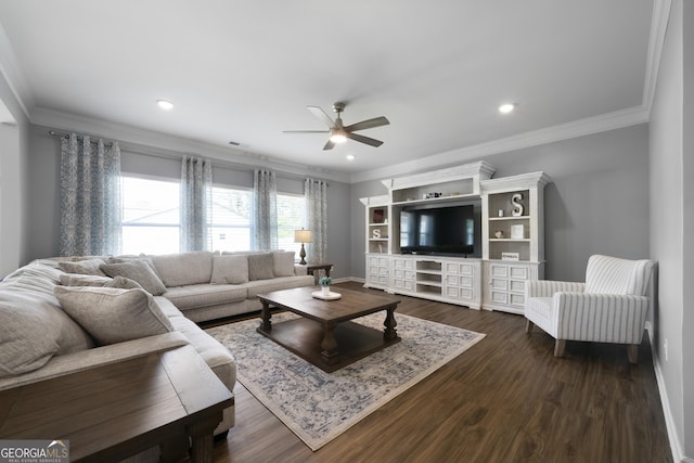 22 Mossy Oaks Ln NE, Rome, GA 30165 - living room with ceiling fan, dark wood-style flooring, ornamental molding, and recessed lighting