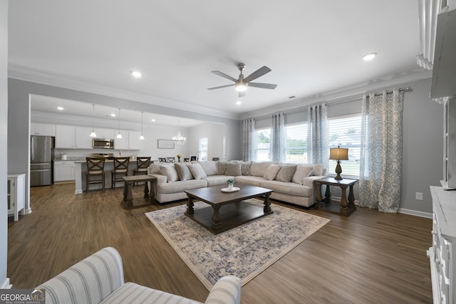 22 Mossy Oaks Ln NE, Rome, GA 30165 - living area with a ceiling fan, ornamental molding, dark wood finished floors, recessed lighting, and a chandelier